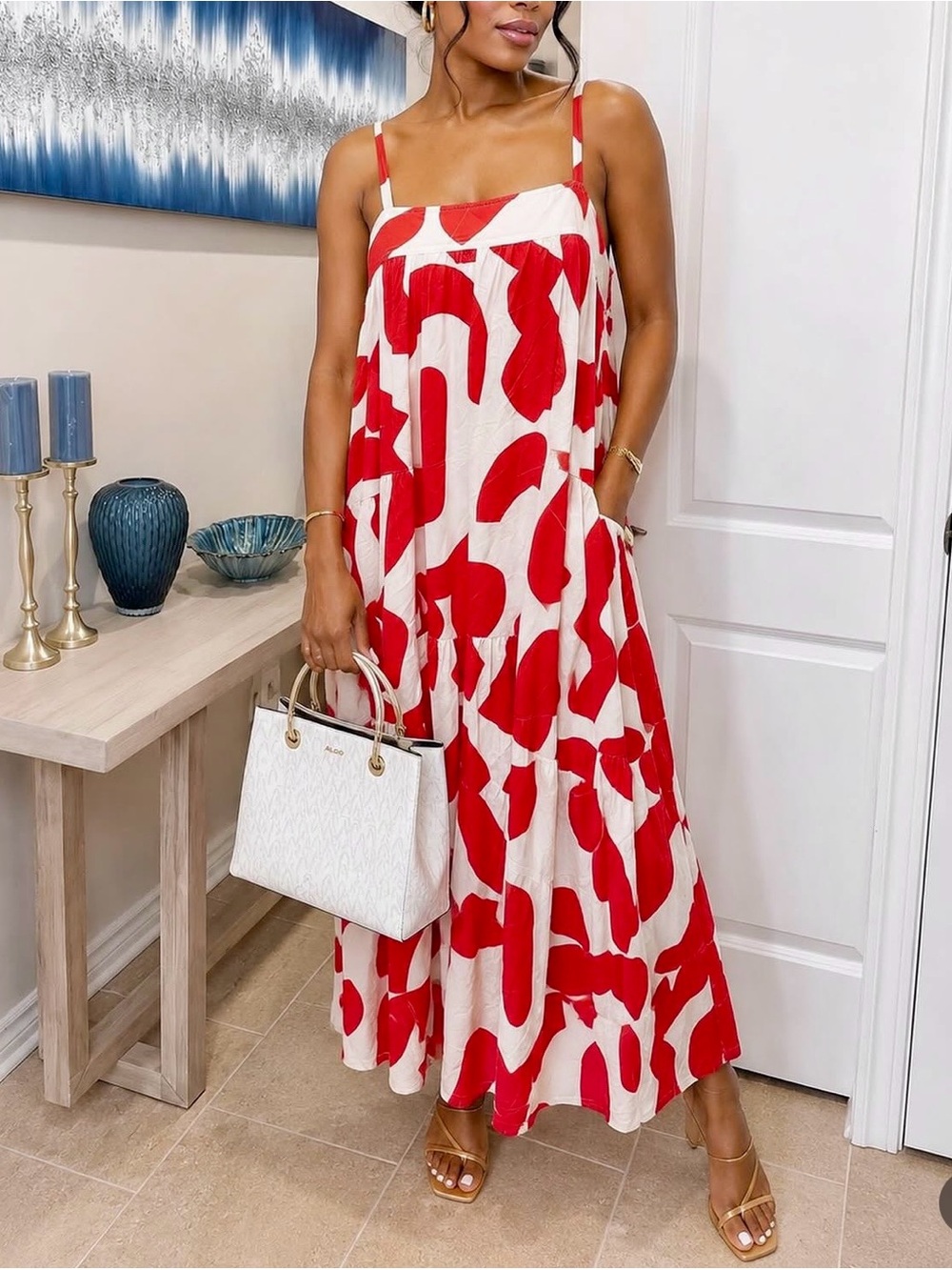Anthropologie Abel The Label Red White Smocked Maxi Dress XS NWOT